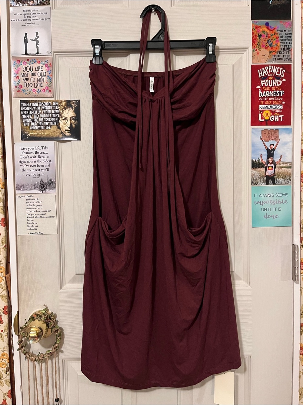 HALARA Burgundy Mini Dress with Pockets and Halter Straps